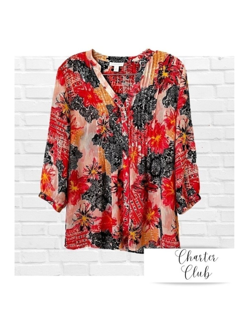 Charter Club Floral Sheer Coral Navy Orange Blouse 3/4 Length Sleeves Small